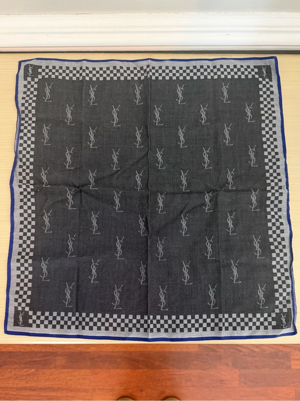 Yves Saint Laurent Black Checkered Hankerchief with Blue Trim
